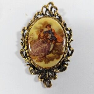 Antique Fragonard Gold Cameo Brooch, Courting Couple Romantic Scene